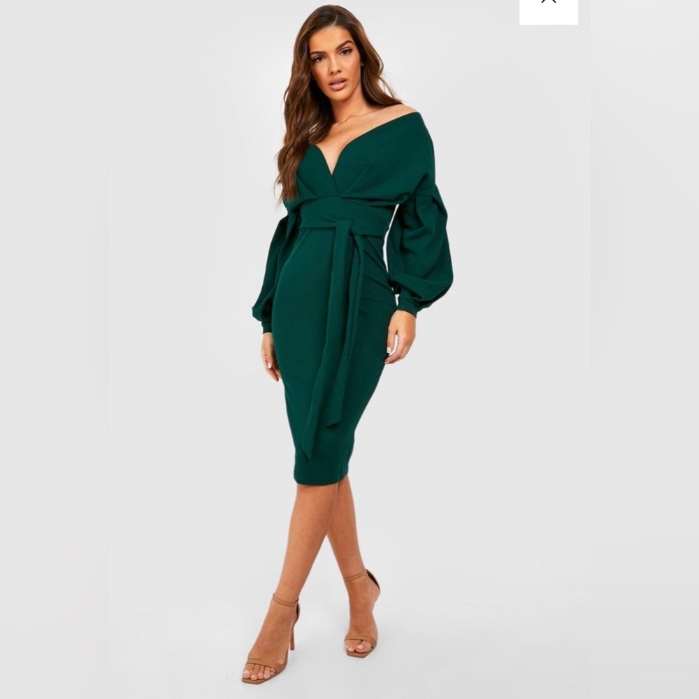 Boohoo OFF THE SHOULDER WRAP MIDI DRESS Size 10 Green